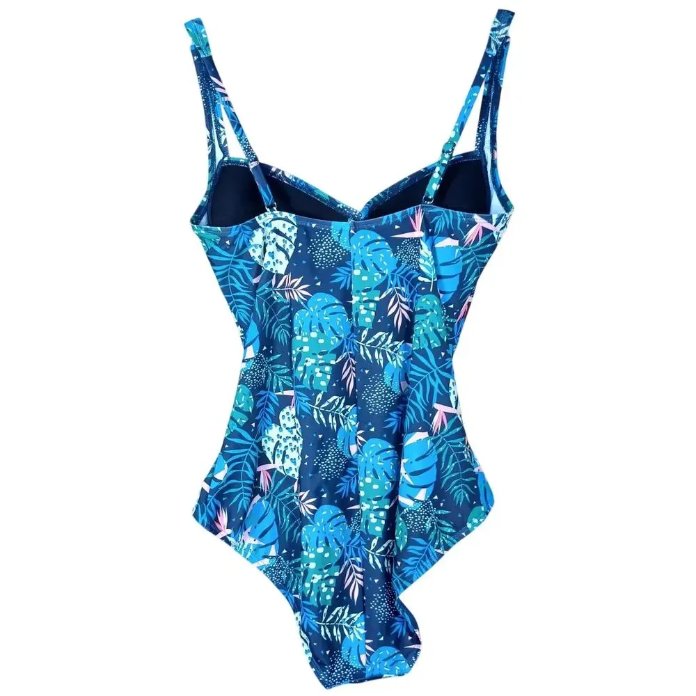 Emerald Bay Women's Size 14 Blue Tropical Leaf One Piece Tummy Control Swimsuit - Picture 4 of 7
